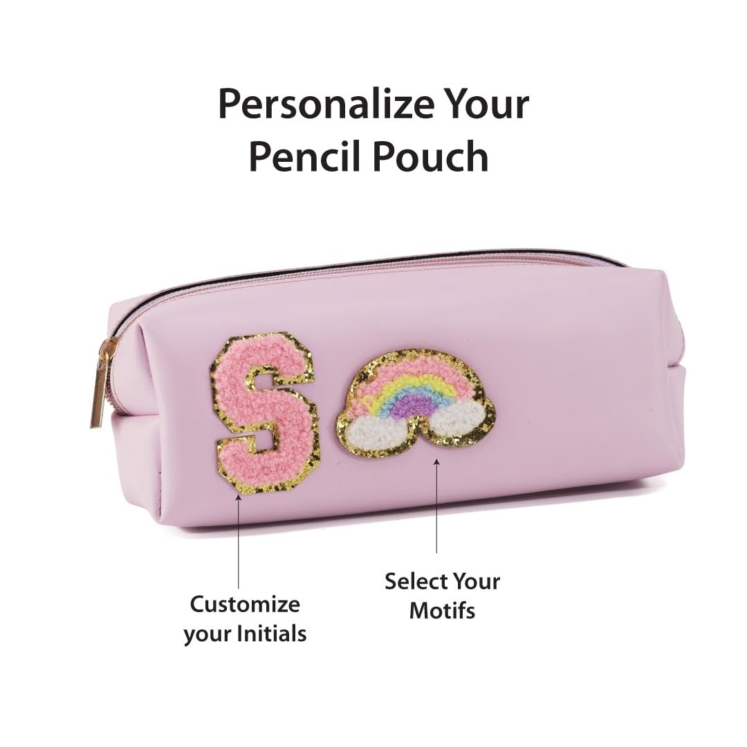 AICA Gifts Personalized Leather Pencil Pouch (Purple) with Embroidered Alphabet & Patch | Pencil Pouch for Kids | Birthday Gift | Birthday Return Gift |Gift for Kids Age 6-10