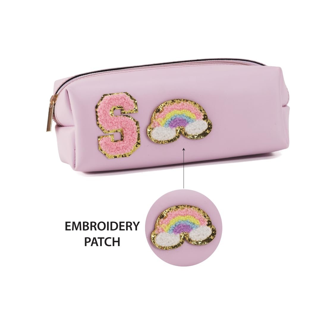 AICA Gifts Personalized Leather Pencil Pouch (Purple) with Embroidered Alphabet & Patch | Pencil Pouch for Kids | Birthday Gift | Birthday Return Gift |Gift for Kids Age 6-10