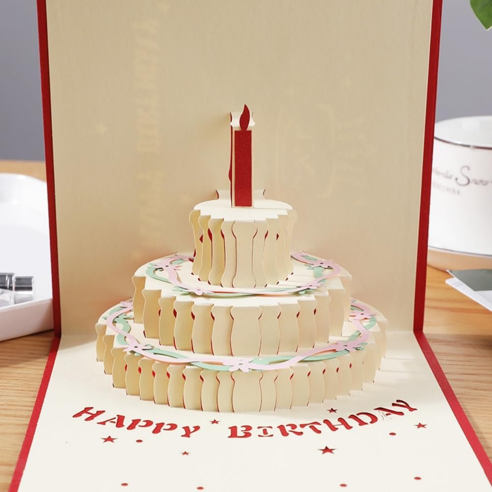 Jubobu 3D Pop Up Birthday Card, Candle Cake Design, Red, 1 Piece