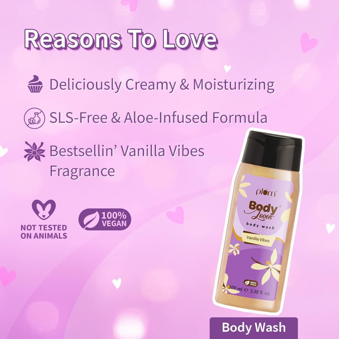 Plum BodyLovin' Vanilla Vibes Bath & Body Gift Set | Wash | Mist | Oil | Long-Lasting Fragrance | For Women | Gifting For Rakhi & Special Occasions| Pack Of 3