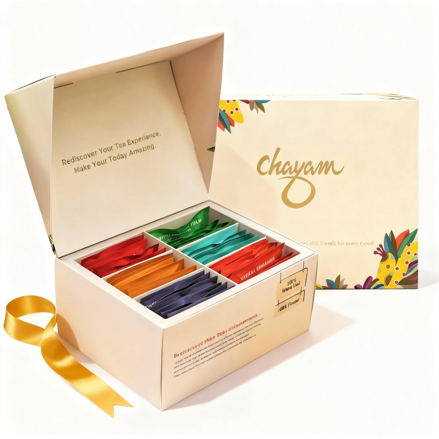 CHAYAM Assorted Tea Bags Gift Set | 48 Tea Bags, 96g | Premium Wellness Tea Gift Box – 6 Flavours: Chamomile, Turmeric, Cinnamon, Tulsi Moringa, Hibiscus | Gift for Corporates, Wedding, Anniversary, Birthday