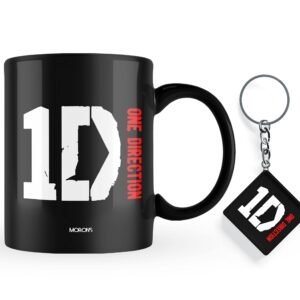 Morons One Direction Merchandise - Rock Band Printed Ceramic Coffee Mug and Keychain with Key Ring Set (Black, 330 ml) - Pack of 2