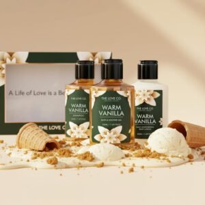 THE LOVE CO. Warm Vanilla Bath & Body Gift Set Pack Of 3 | Body Wash | Body Lotion | Shampoo | Long-Lasting Warm Vanilla Fragrance | Gift Set For Women | Gifting For Birthday, Valentine's, Anniversary, Rakhi & Special Occasions| Premium Gift Packaging