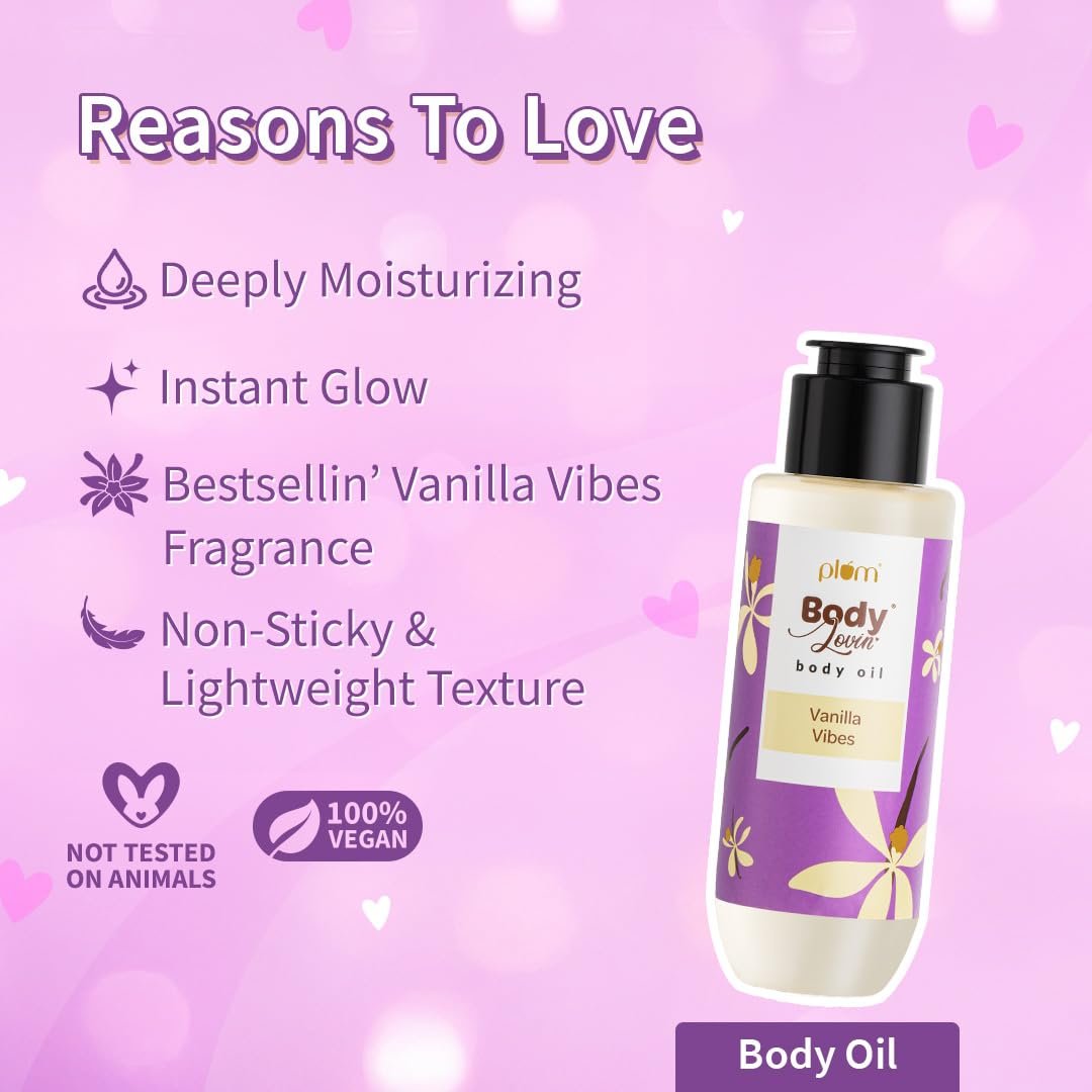 Plum BodyLovin' Vanilla Vibes Bath & Body Gift Set | Wash | Mist | Oil | Long-Lasting Fragrance | For Women | Gifting For Rakhi & Special Occasions| Pack Of 3