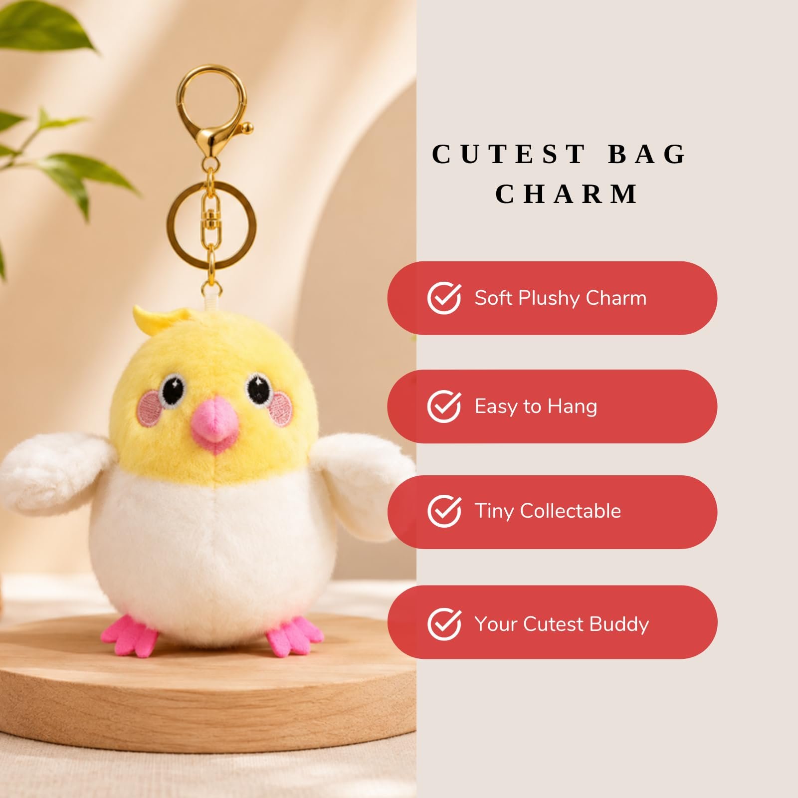Yellow & White Chick Plush Keychain with Pink Beak, Soft Wings, Embroidered Eyes, Gold Key Ring & Lobster Clasp, Cute Stuffed Bag Charm for Handbags, Backpacks & Keys