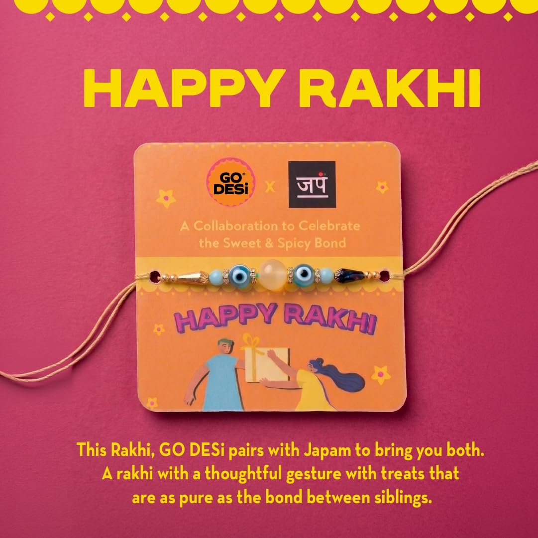 GO DESi Fun Gift Box - 21 Items | DESi Fun Gift Box| Rakhi Set For Brother | Japam Rakhi | Kaju Katli | Roli Chawal | DESi POPz | Fruit Bars | Coconut Burfi | Dry Bhel | Dates Dry Fruit Laddu | Raksha Bandhan Combo Set | Rakhi Hamper for Brother | Raksha