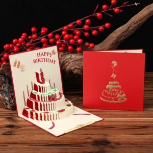 Jubobu 3D Pop Up Birthday Card, Candle Cake Design, Red, 1 Piece