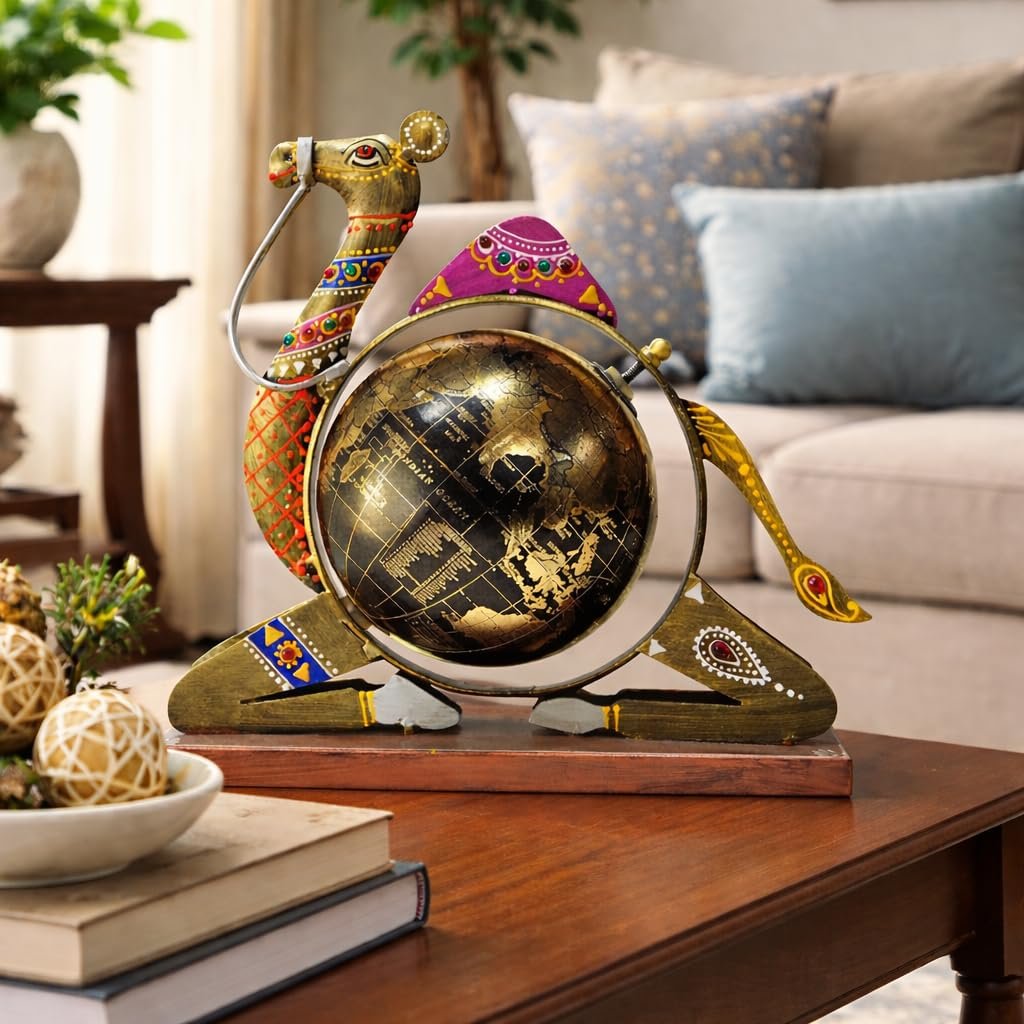 CraftVatika Home and Office Decorative Globe Metal Rajasthani Camel Table Top Showpiece Globe, Home House Decoration items, Decor and Gift for Living Room, Showcase, Office Desk, Interior, B'day Gift