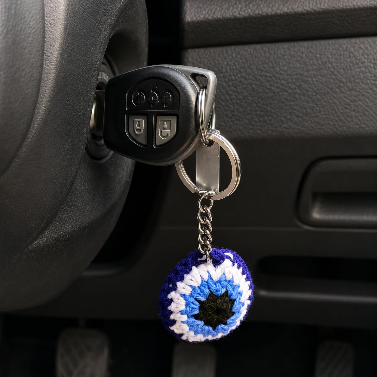 Amigo Craft Handmade Crochet Evil Eye Everyday Gift Set – Car Hanging, Matching Keychain & Mug Coaster | Handmade Yarn