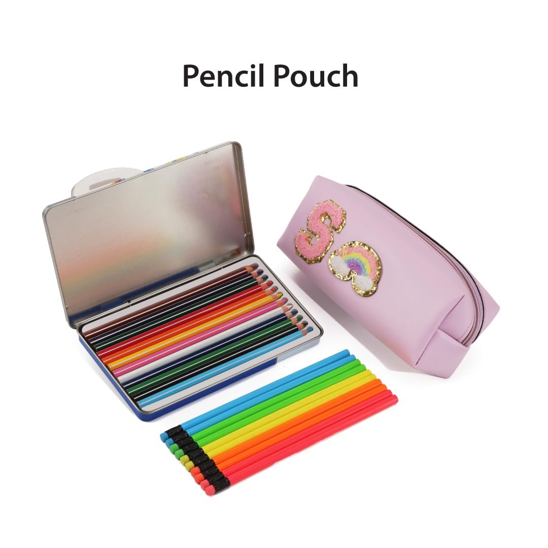 AICA Gifts Personalized Leather Pencil Pouch (Purple) with Embroidered Alphabet & Patch | Pencil Pouch for Kids | Birthday Gift | Birthday Return Gift |Gift for Kids Age 6-10