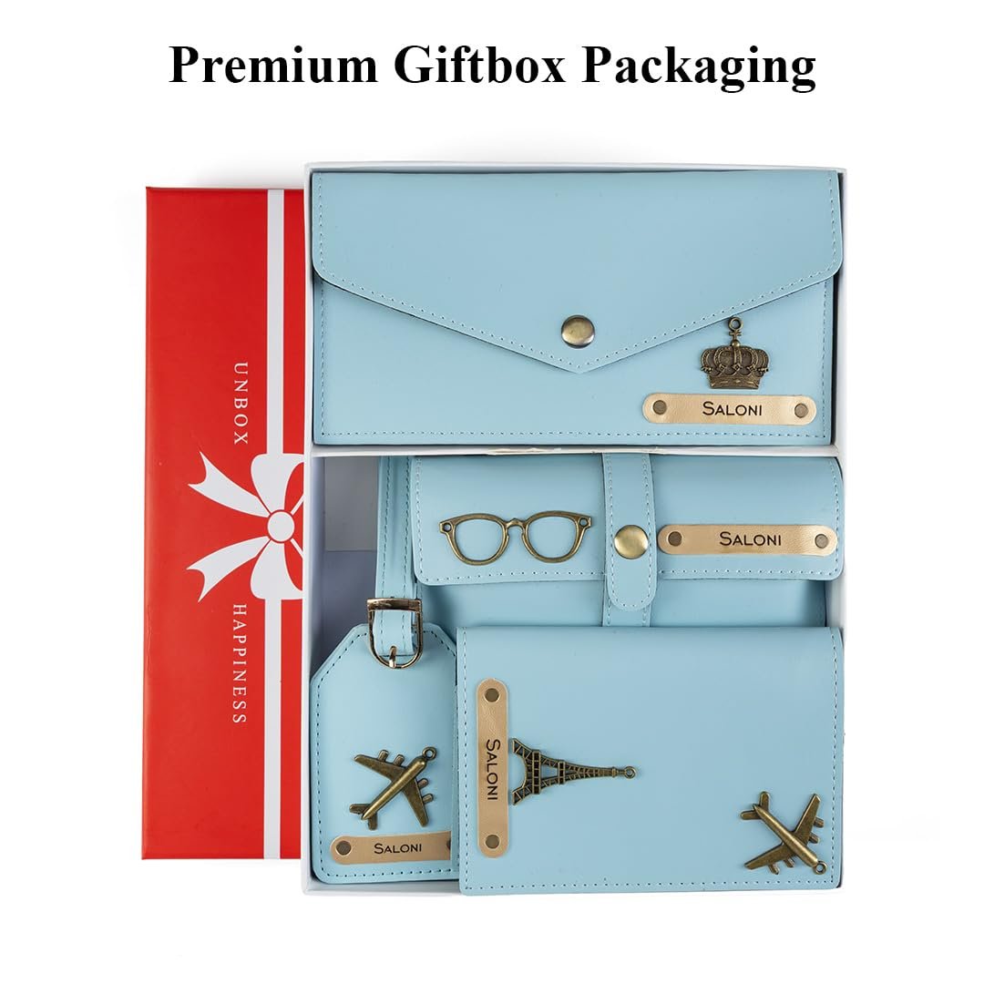 AICA Personalised Name & Charm Womens Leather Combo Gift Set (Babyblue) | Gifts for Women| Customised Gift Hamper for Woman