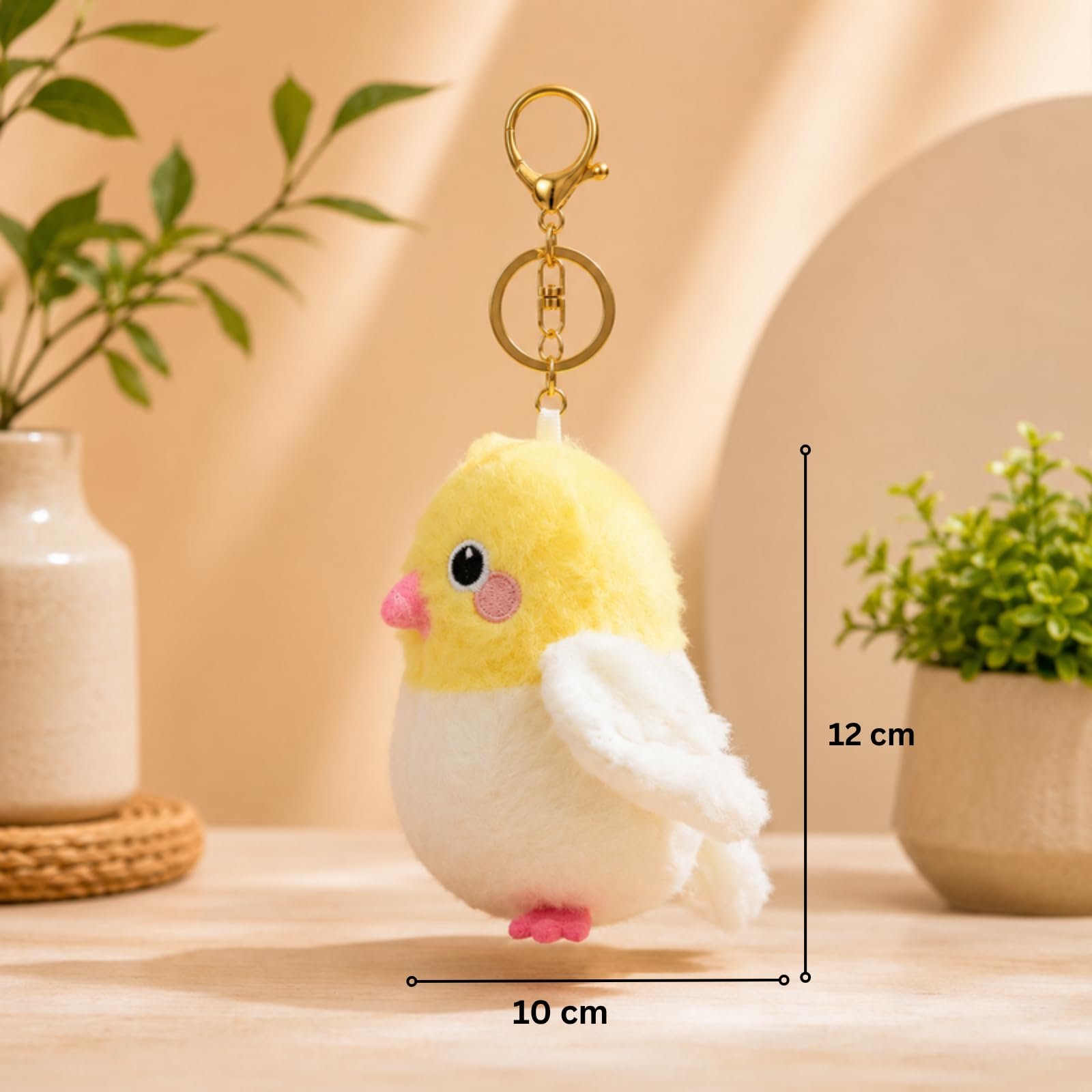 Yellow & White Chick Plush Keychain with Pink Beak, Soft Wings, Embroidered Eyes, Gold Key Ring & Lobster Clasp, Cute Stuffed Bag Charm for Handbags, Backpacks & Keys
