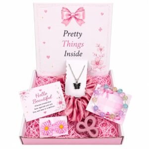 Mei & More 7-Piece Fashion Jewelry & Hair Accessory Gift Set Birthday Combo for Best Friend Women & Girls | Jewellery, Scrunchie,Claw Clips, Earrings, Braclet & Greeting | Special Box for College teens Sisters hamper return gifts I Random Colors