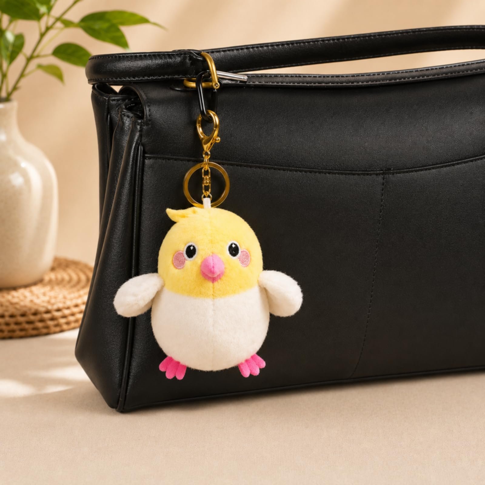 Yellow & White Chick Plush Keychain with Pink Beak, Soft Wings, Embroidered Eyes, Gold Key Ring & Lobster Clasp, Cute Stuffed Bag Charm for Handbags, Backpacks & Keys