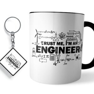 Morons Trust Me I'm an Engineer Designer Three Tone Black Coffee Mug with Keychain | Engineer Merchandise Black Color Mug and Keychain Gift Set for Friends | 330 ml, Black; Pack of 2