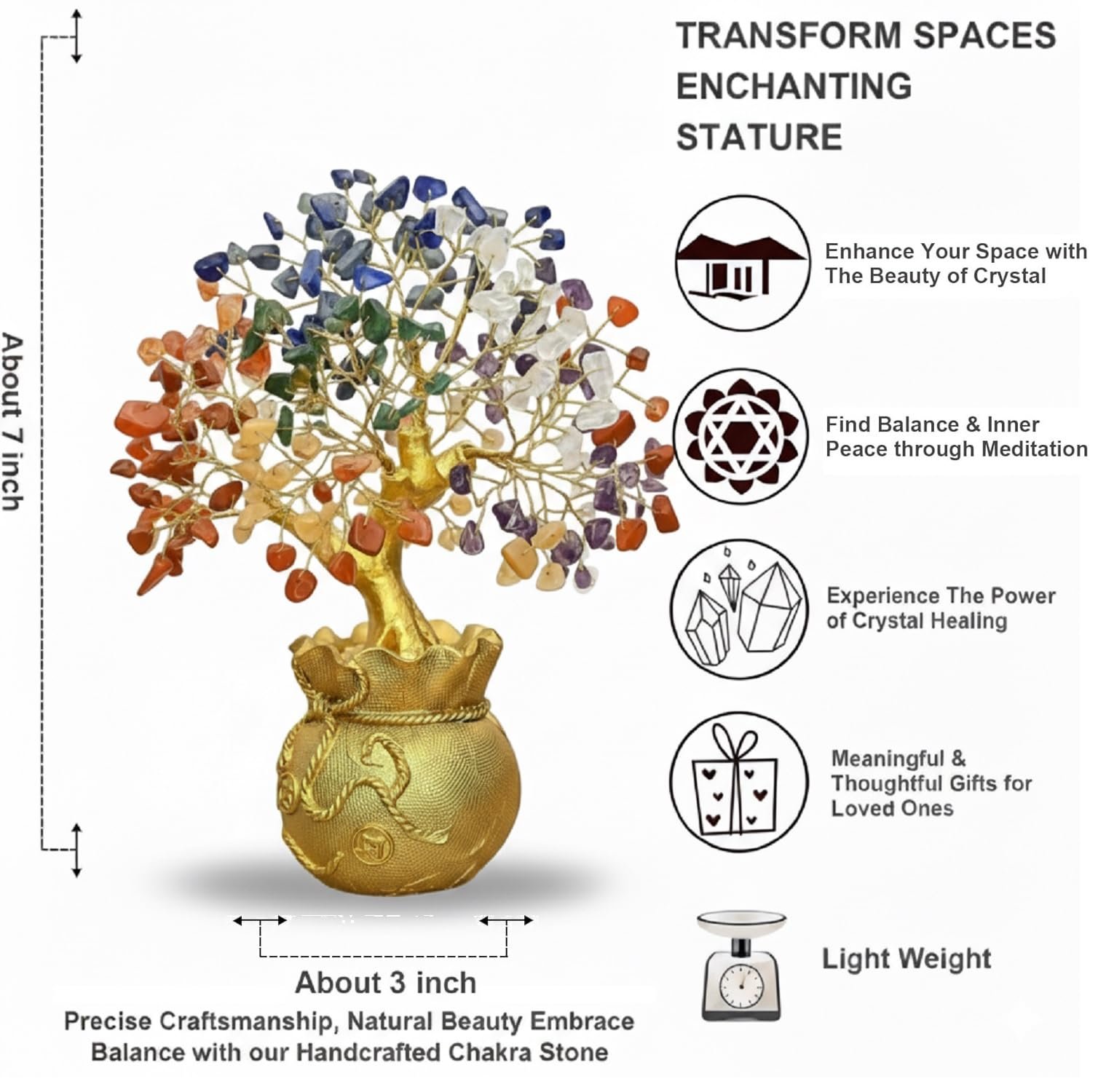 JD FRESH Feng Shui 7 Chakra Crystal Tree with Golden Money Bag Base/Natural Gemstone Decorative Showpiece Bonsai Tree for Home & Office Dรฉcor, Good Luck Diwali Gift, Wealth & Prosperity
