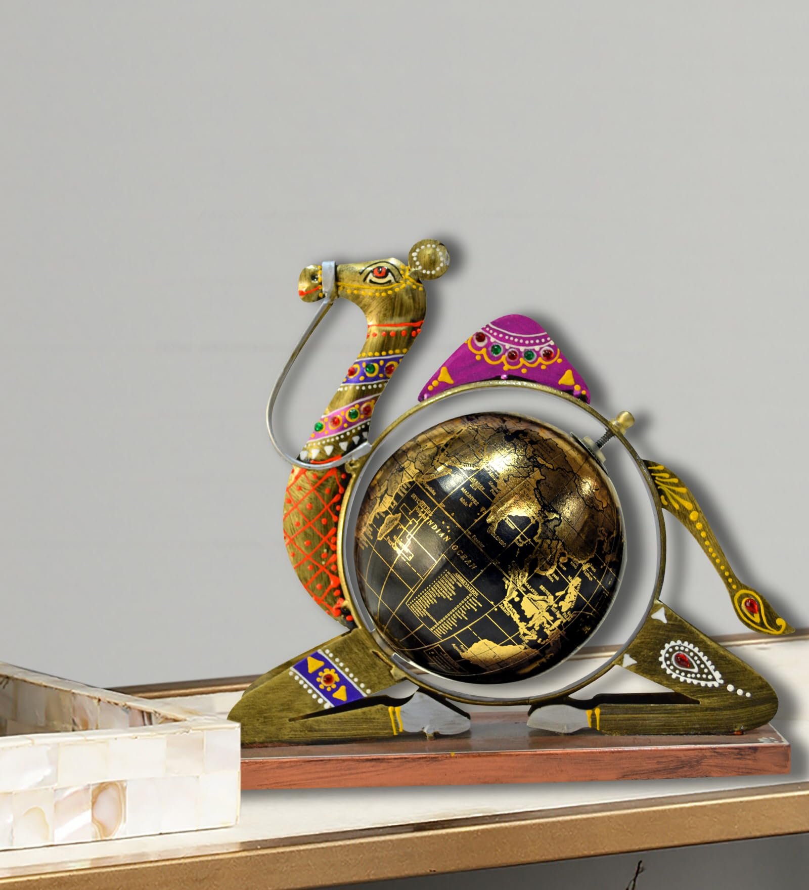 CraftVatika Home and Office Decorative Globe Metal Rajasthani Camel Table Top Showpiece Globe, Home House Decoration items, Decor and Gift for Living Room, Showcase, Office Desk, Interior, B'day Gift