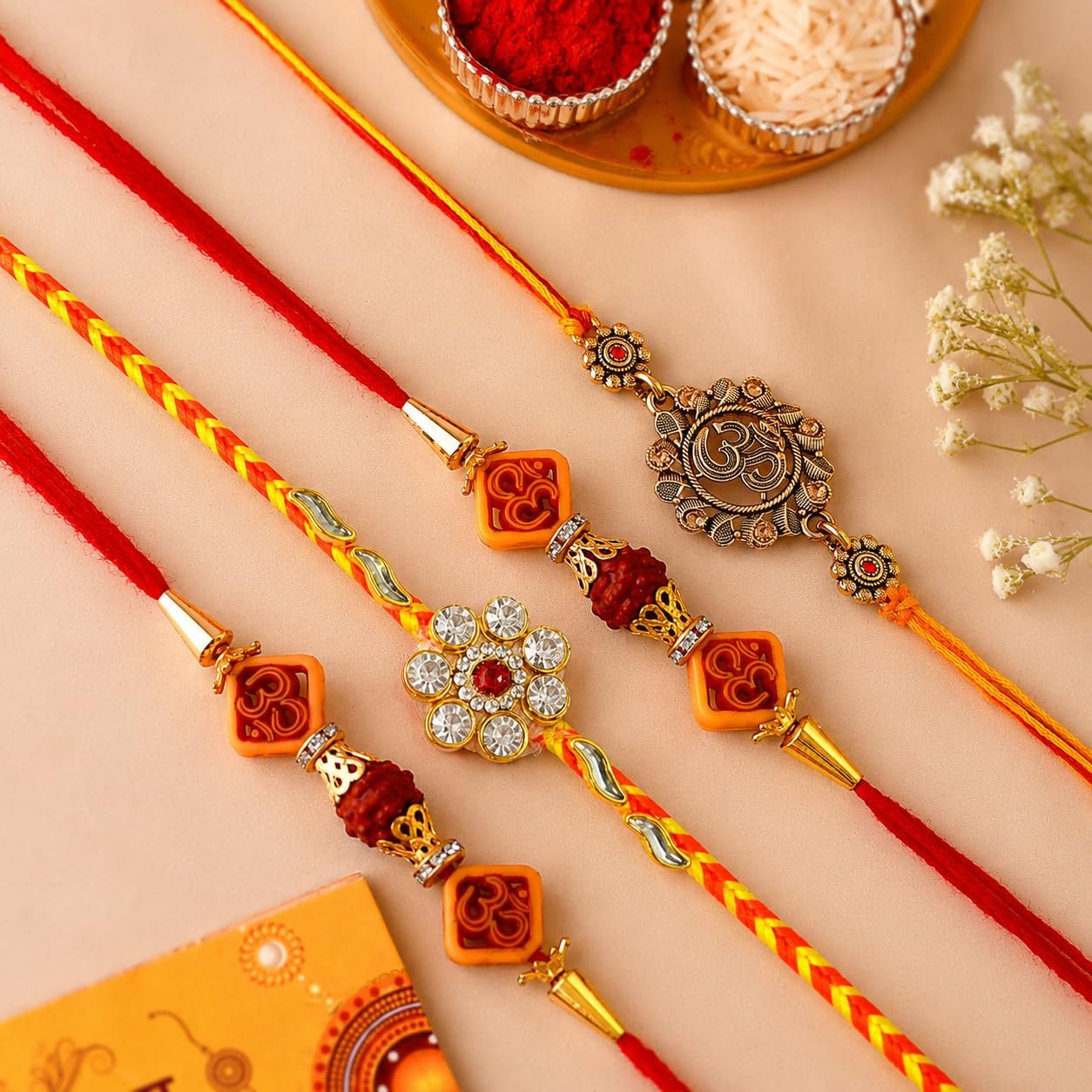 Set of 4 Rakhi Gift Combo for Brother with Chocolate Gifts Hamper, 4 Rakhi Combo Set For bhaiya Bhabhi Kids, Rakshabandhan Bhai Bhabhi Hamper Greeting Card,Tilak Set