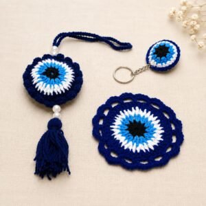 Amigo Craft Handmade Crochet Evil Eye Everyday Gift Set – Car Hanging, Matching Keychain & Mug Coaster | Handmade Yarn
