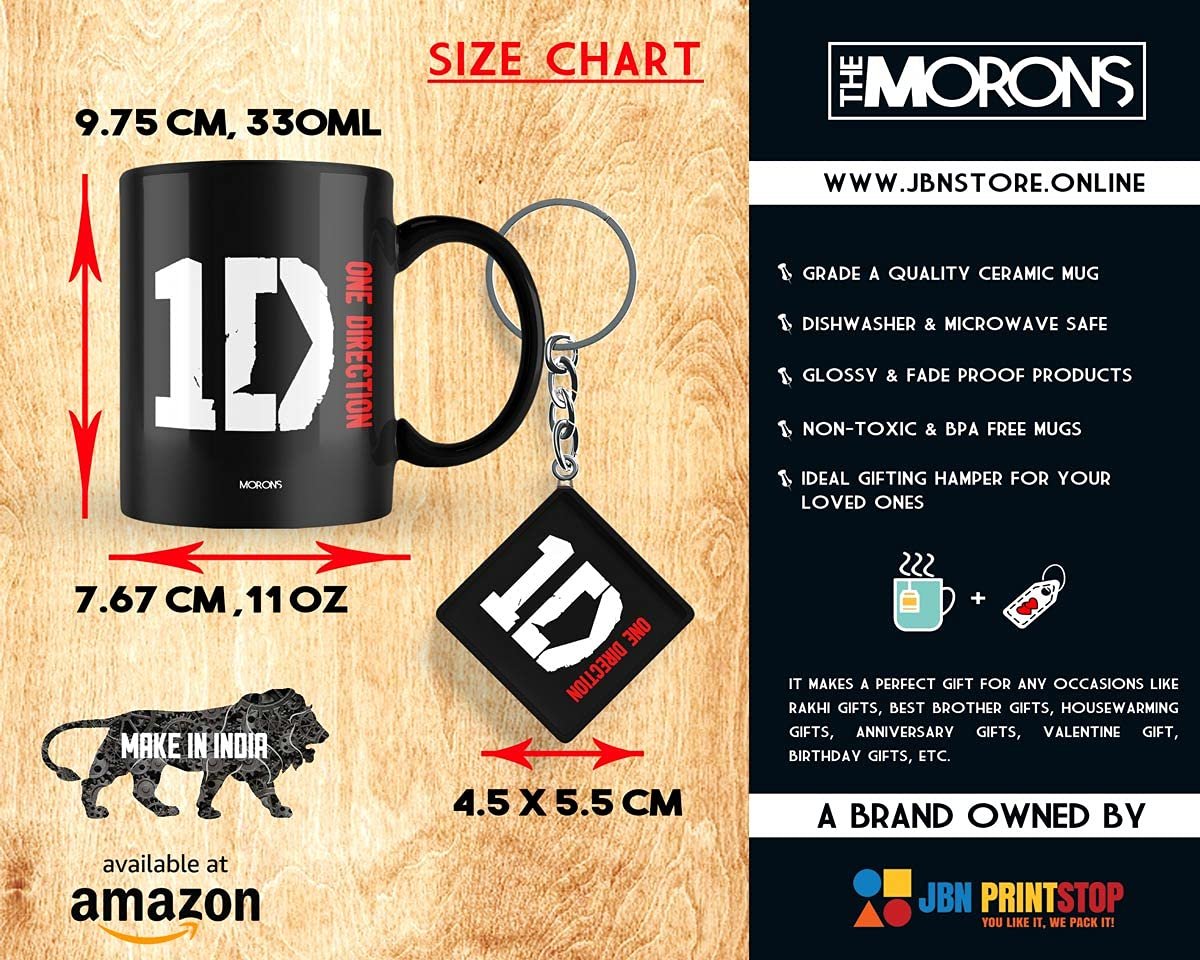 Morons One Direction Merchandise - Rock Band Printed Ceramic Coffee Mug and Keychain with Key Ring Set (Black, 330 ml) - Pack of 2