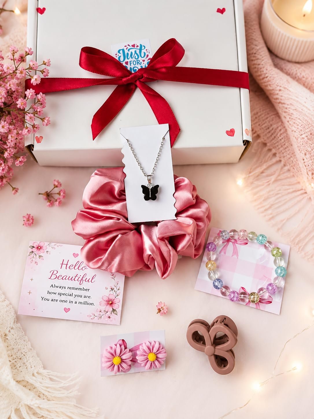 Mei & More 7-Piece Fashion Jewelry & Hair Accessory Gift Set Birthday Combo for Best Friend Women & Girls | Jewellery, Scrunchie,Claw Clips, Earrings, Braclet & Greeting | Special Box for College teens Sisters hamper return gifts I Random Colors