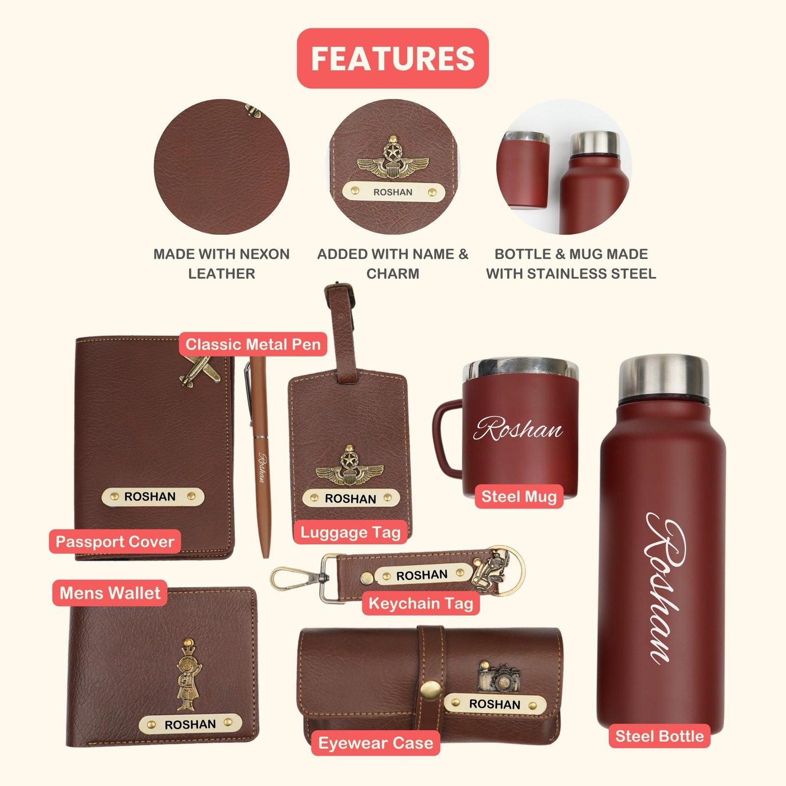 YOUR GIFT STUDIO Personalised All in One Gift Combo for Men’s | Customized Man Gift Hamper with Name & Charm, Leather Men Wallet, Passport Cover, Water Bottle, Keychain, Customized Pen - Brown