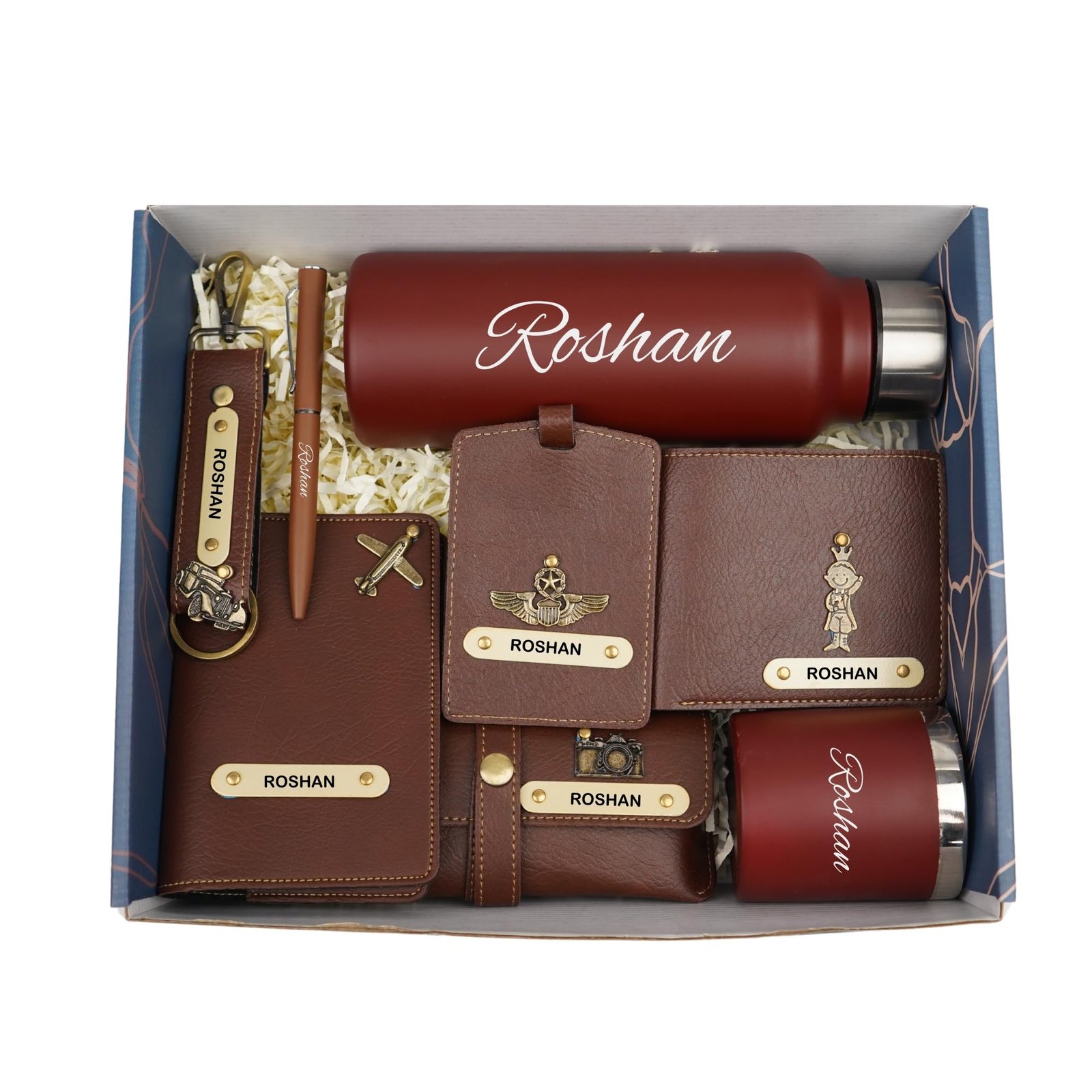 YOUR GIFT STUDIO Personalised All in One Gift Combo for Men’s | Customized Man Gift Hamper with Name & Charm, Leather Men Wallet, Passport Cover, Water Bottle, Keychain, Customized Pen - Brown