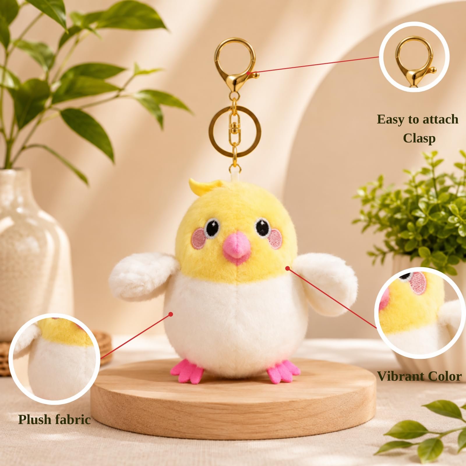Yellow & White Chick Plush Keychain with Pink Beak, Soft Wings, Embroidered Eyes, Gold Key Ring & Lobster Clasp, Cute Stuffed Bag Charm for Handbags, Backpacks & Keys