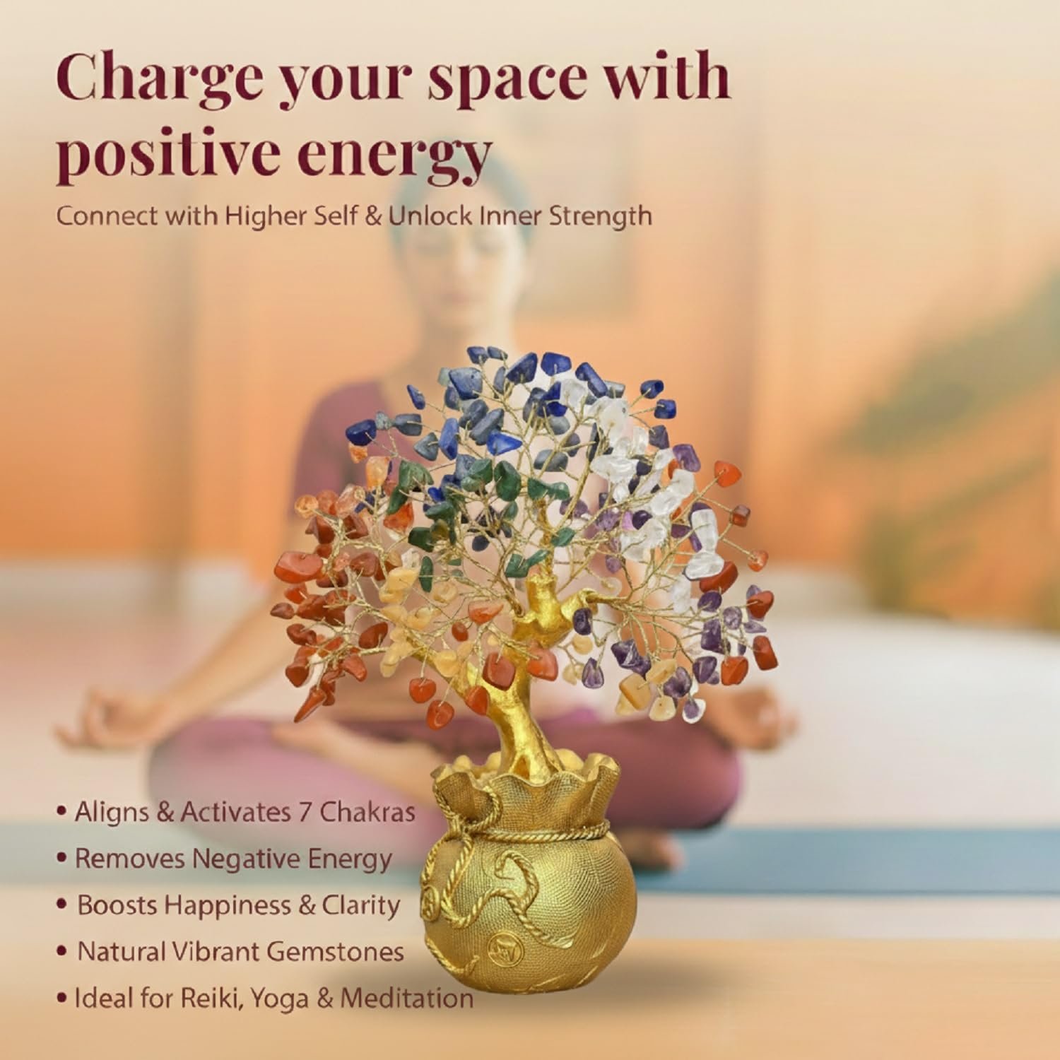 JD FRESH Feng Shui 7 Chakra Crystal Tree with Golden Money Bag Base/Natural Gemstone Decorative Showpiece Bonsai Tree for Home & Office Dรฉcor, Good Luck Diwali Gift, Wealth & Prosperity