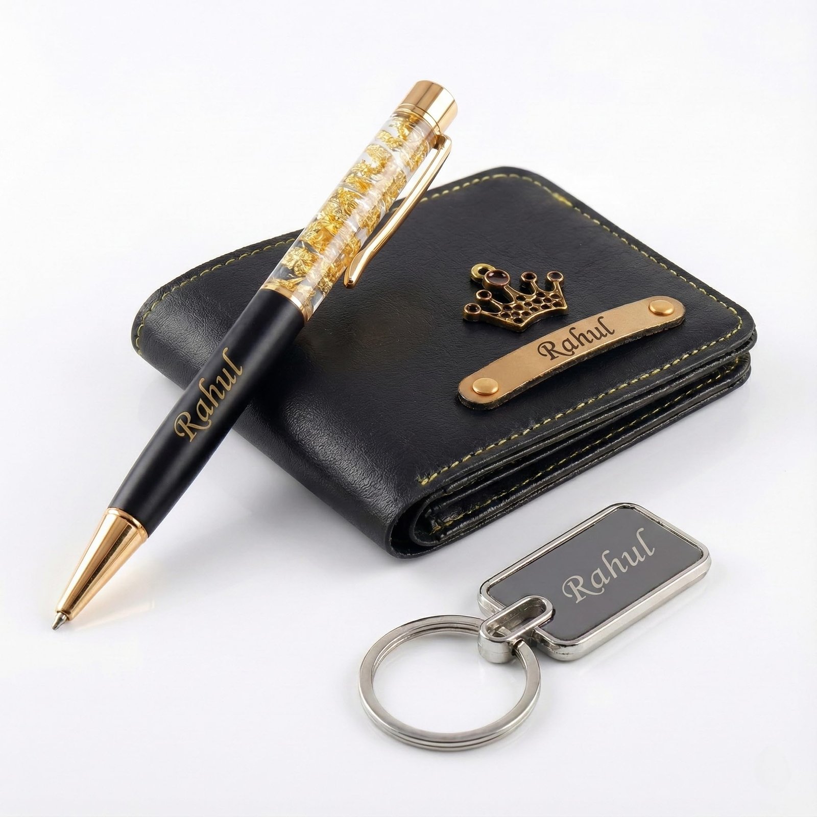 GIVITAS Personalized Name Wallet, Pen & Keychain Combo for Men (Black) | Customised Mens Wallet Name Engraved with Charm | Customized Corporate Gift Set for Office | Personalised for Husband, Boys