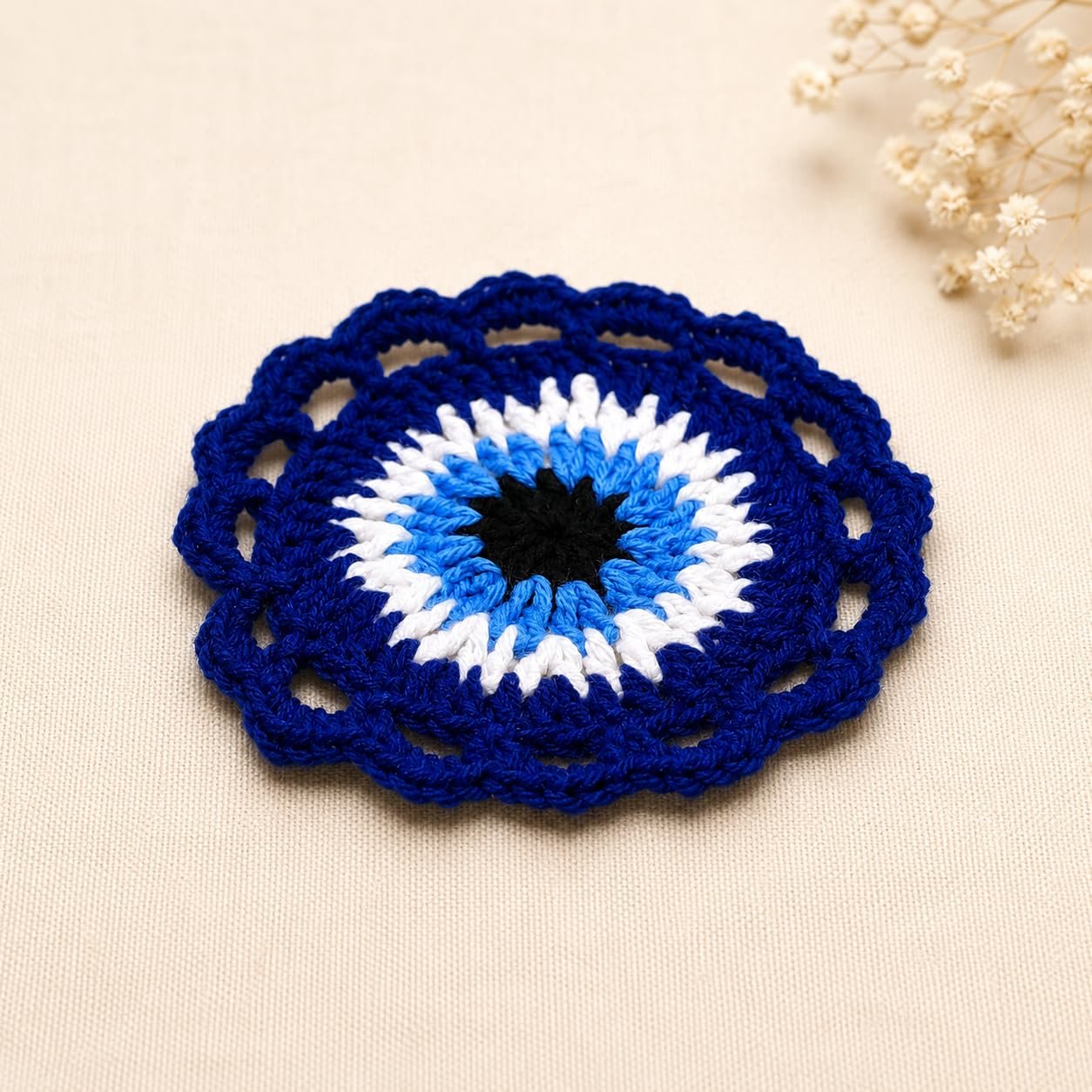 Amigo Craft Handmade Crochet Evil Eye Everyday Gift Set – Car Hanging, Matching Keychain & Mug Coaster | Handmade Yarn
