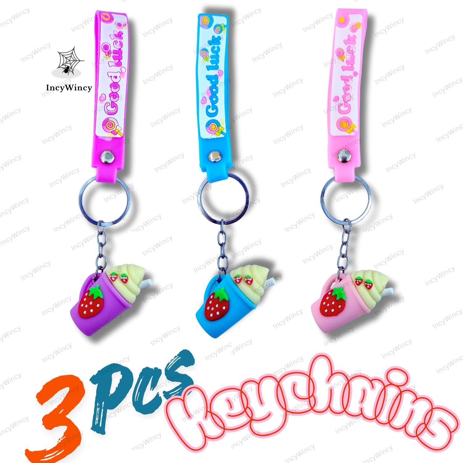 IncyWincy Strawberry Ice Cream Keychains for Kids (Pack of 3) β Cute Cartoon Keyrings, Birthday Return Gift, Party Favors, Bag Accessories for Boys & Girls