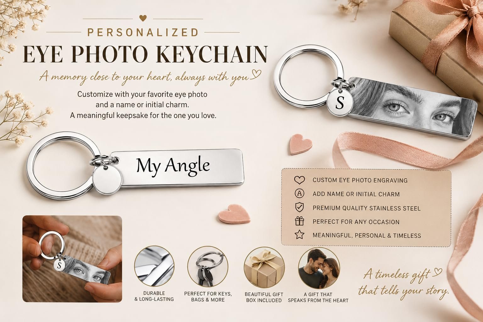 Personalized Photo Keychain - Custom Laser Engraved Eye/half face Picture Keychain for Men & Women, High-Definition Portrait Keyring, Anniversary & Birthday Gift for Boyfriend/Husband Girlfriend
