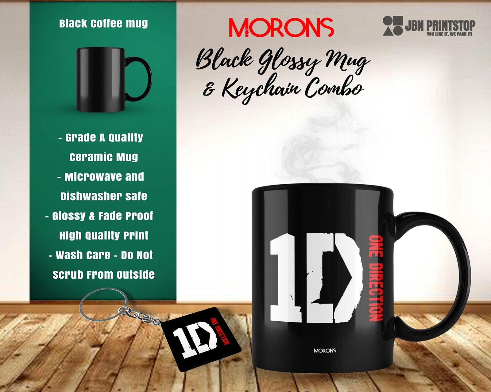 Morons One Direction Merchandise - Rock Band Printed Ceramic Coffee Mug and Keychain with Key Ring Set (Black, 330 ml) - Pack of 2