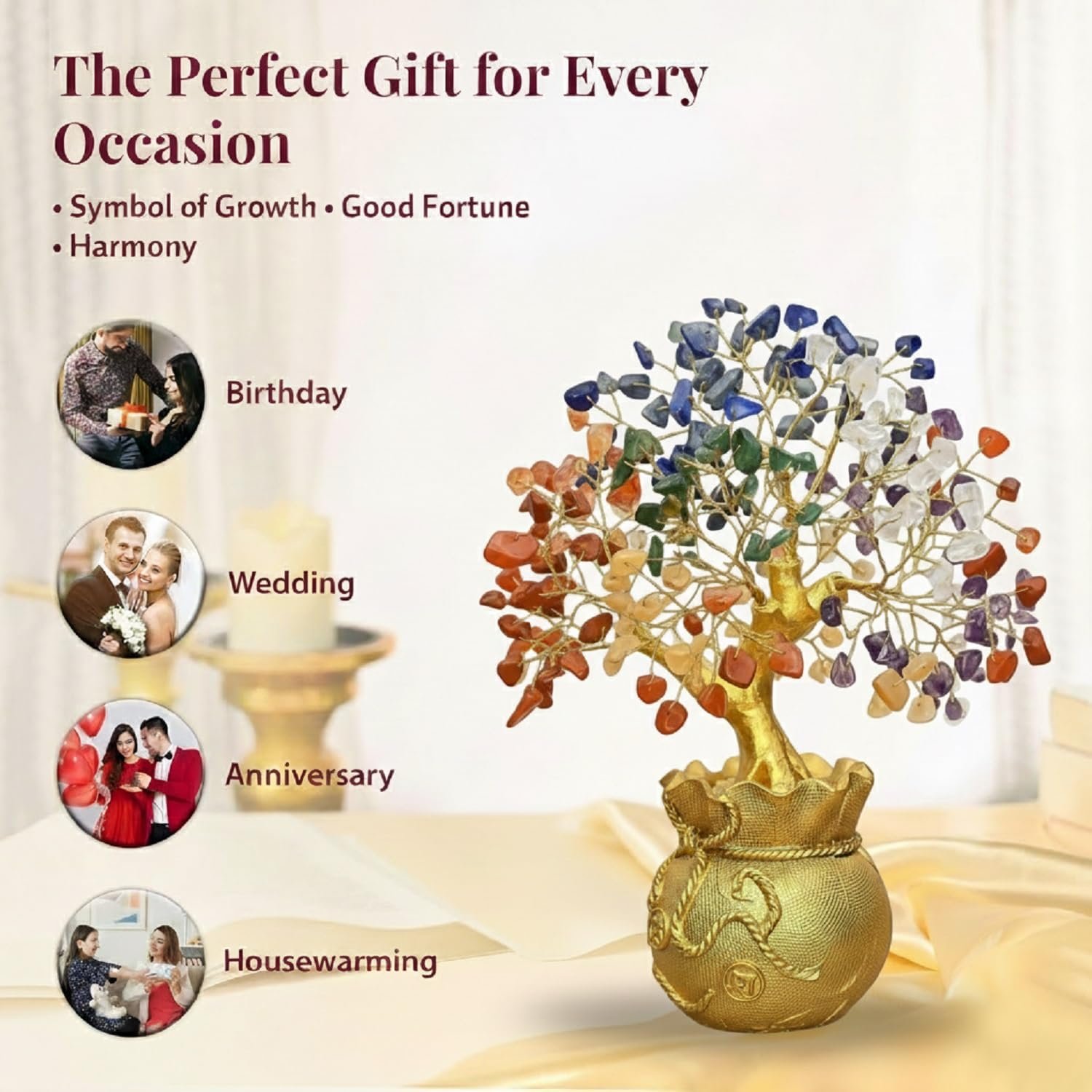 JD FRESH Feng Shui 7 Chakra Crystal Tree with Golden Money Bag Base/Natural Gemstone Decorative Showpiece Bonsai Tree for Home & Office Dรฉcor, Good Luck Diwali Gift, Wealth & Prosperity