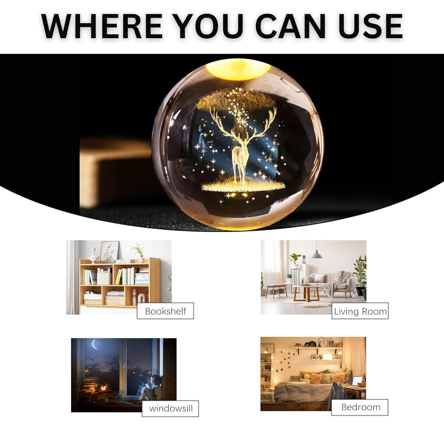 Desidiya Deer 3D Crystal Ball Night Light with Wooden Base - LED USB Table Lamp for Kids, Teens, and Home Decor