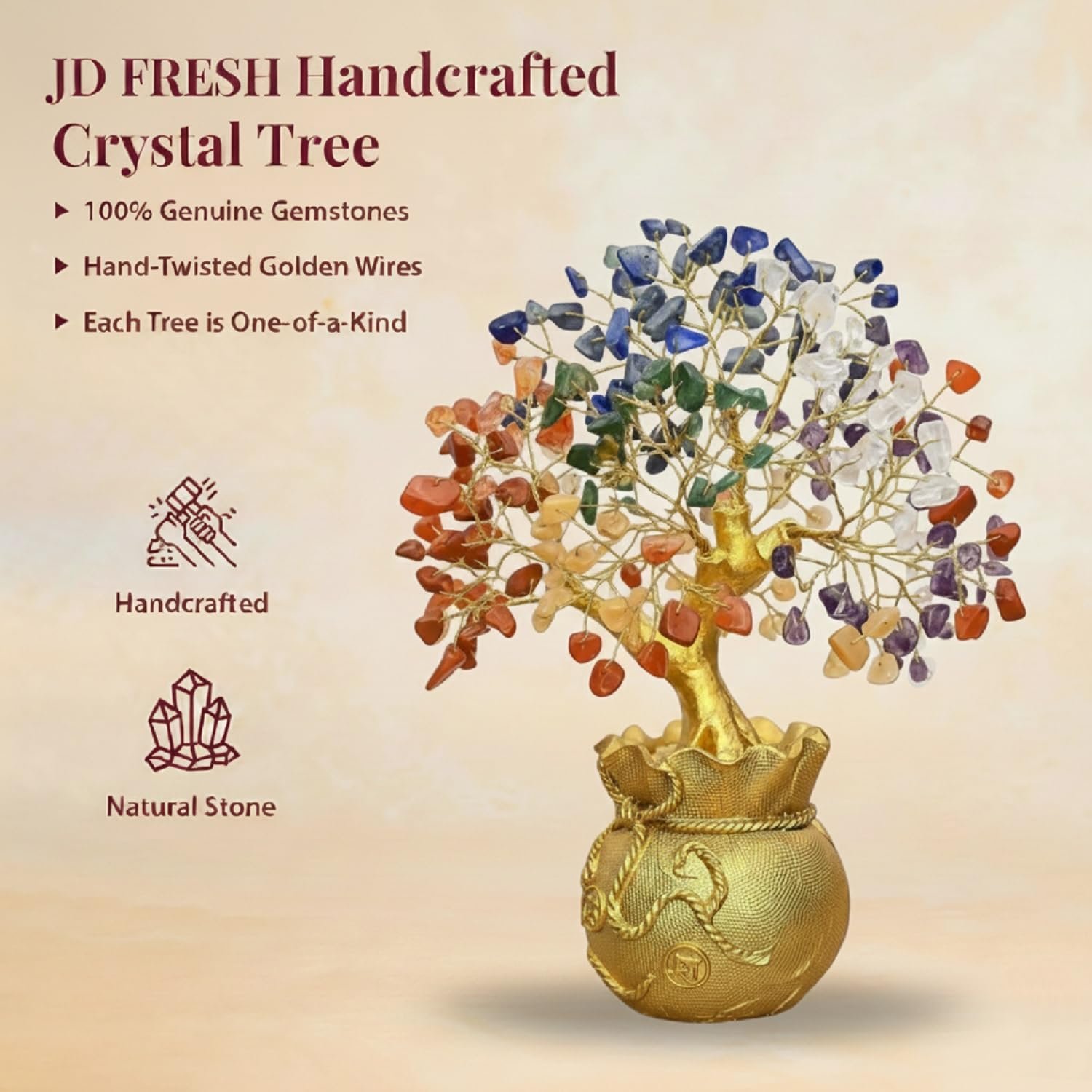 JD FRESH Feng Shui 7 Chakra Crystal Tree with Golden Money Bag Base/Natural Gemstone Decorative Showpiece Bonsai Tree for Home & Office Dรฉcor, Good Luck Diwali Gift, Wealth & Prosperity