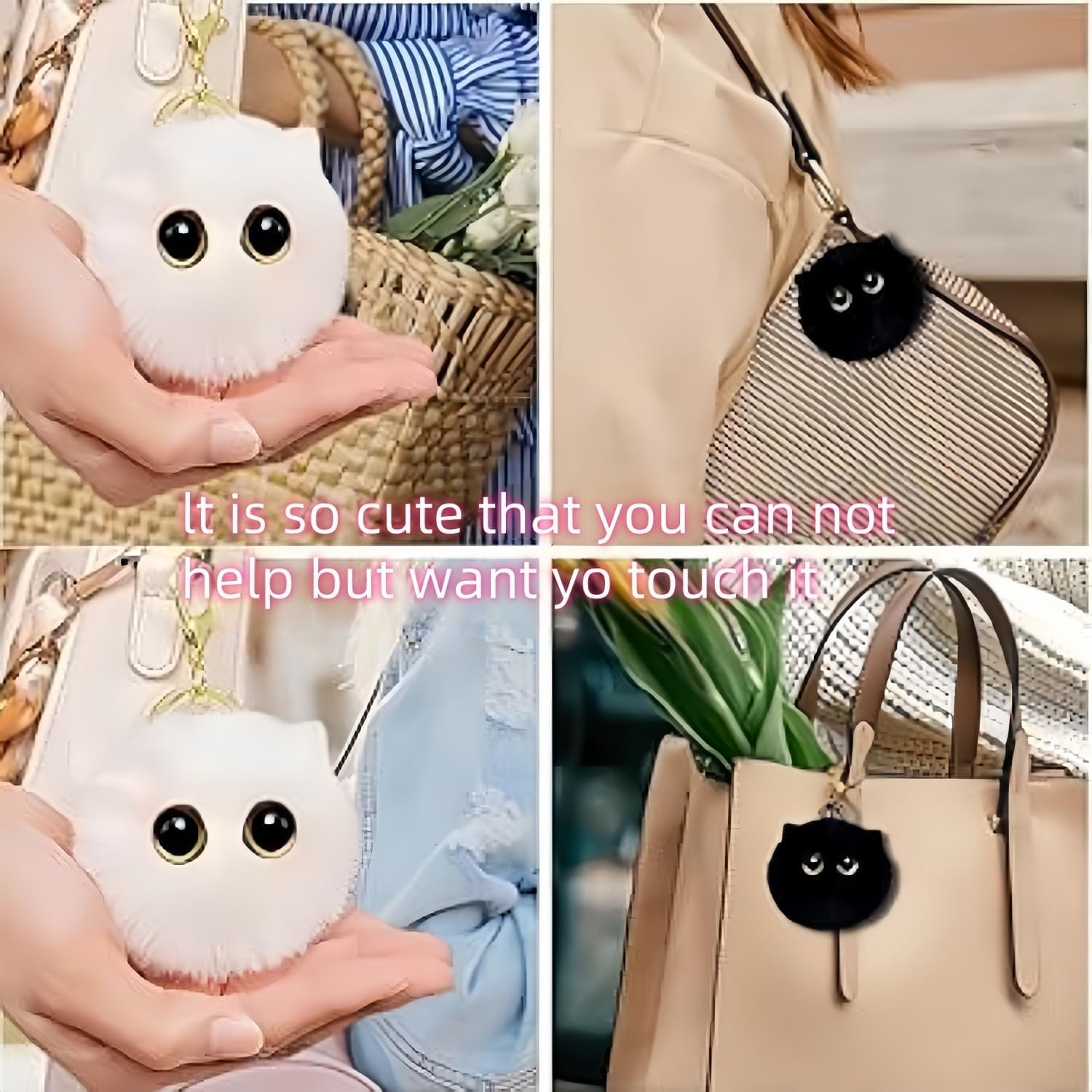 Pmeixcy 2Pcs Plush Cat Keychains Soft Mini Cat Bag Charms, Cute Backpack Keychain Accessories for Cat Lovers Women Teens(1 Purple/1 Gray)
