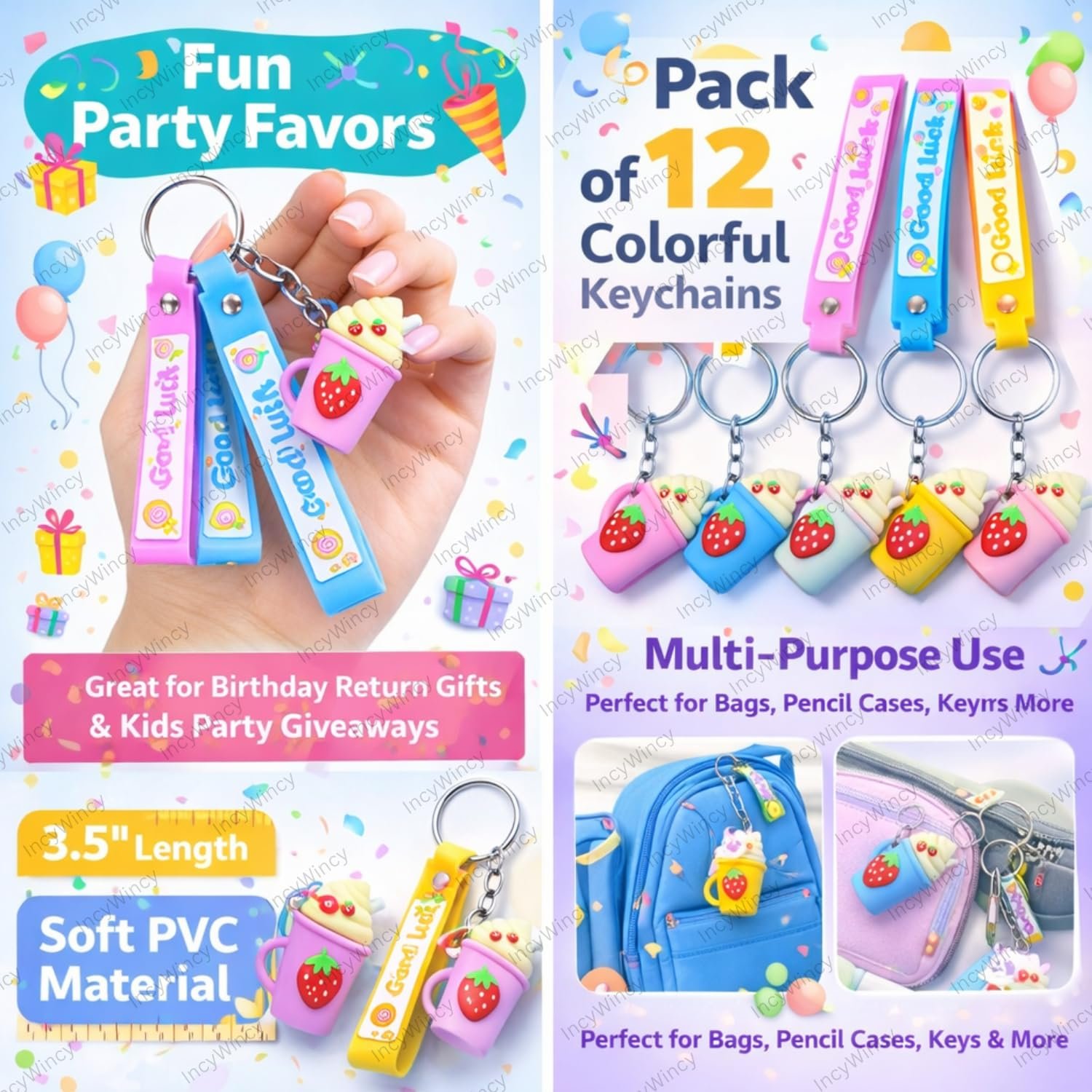 IncyWincy Strawberry Ice Cream Keychains for Kids (Pack of 3) β Cute Cartoon Keyrings, Birthday Return Gift, Party Favors, Bag Accessories for Boys & Girls