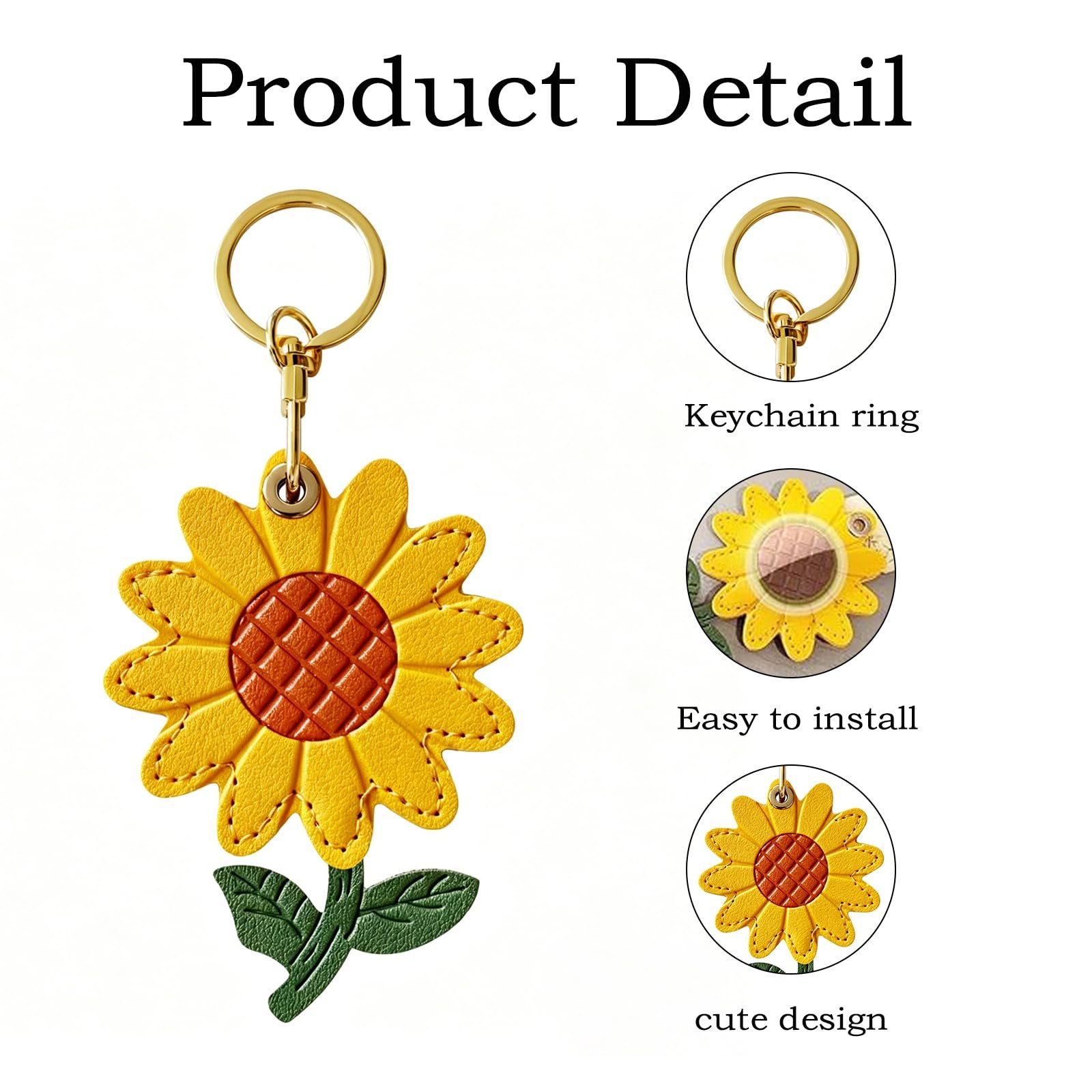 Sunflower Keychain for AirTag, Cute Flower Bag Charm, Leather Protective Tracker Holder with Secure Design for Keys Bags Pets