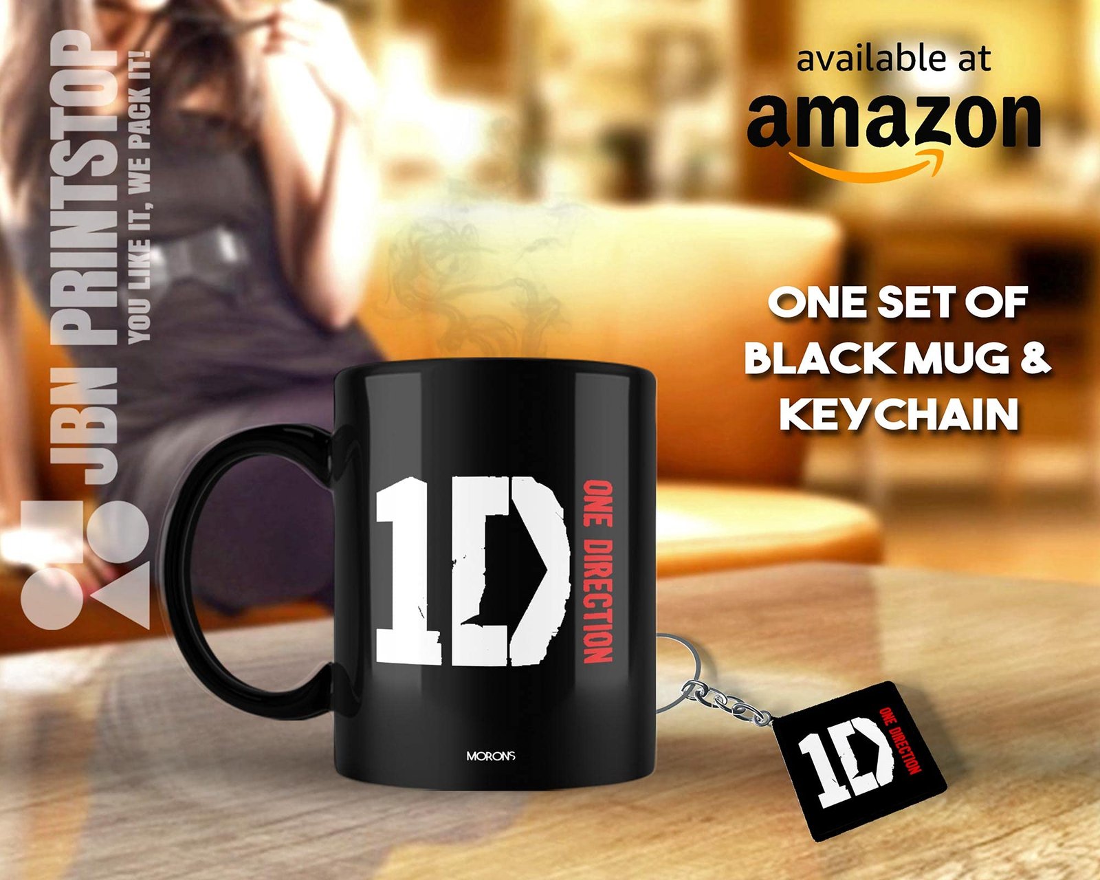 Morons One Direction Merchandise - Rock Band Printed Ceramic Coffee Mug and Keychain with Key Ring Set (Black, 330 ml) - Pack of 2