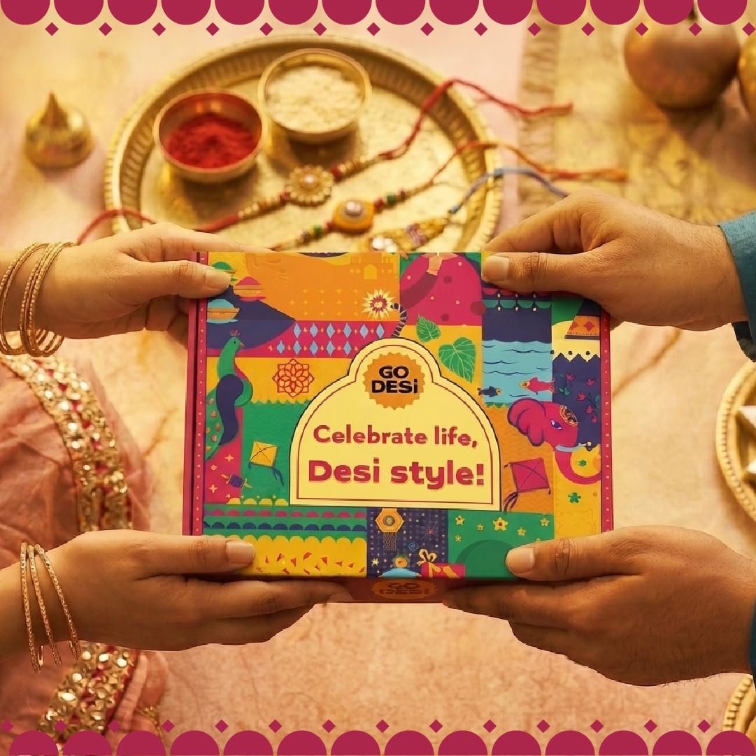 GO DESi Fun Gift Box - 21 Items | DESi Fun Gift Box| Rakhi Set For Brother | Japam Rakhi | Kaju Katli | Roli Chawal | DESi POPz | Fruit Bars | Coconut Burfi | Dry Bhel | Dates Dry Fruit Laddu | Raksha Bandhan Combo Set | Rakhi Hamper for Brother | Raksha