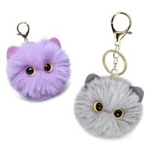 Pmeixcy 2Pcs Plush Cat Keychains Soft Mini Cat Bag Charms, Cute Backpack Keychain Accessories for Cat Lovers Women Teens(1 Purple/1 Gray)