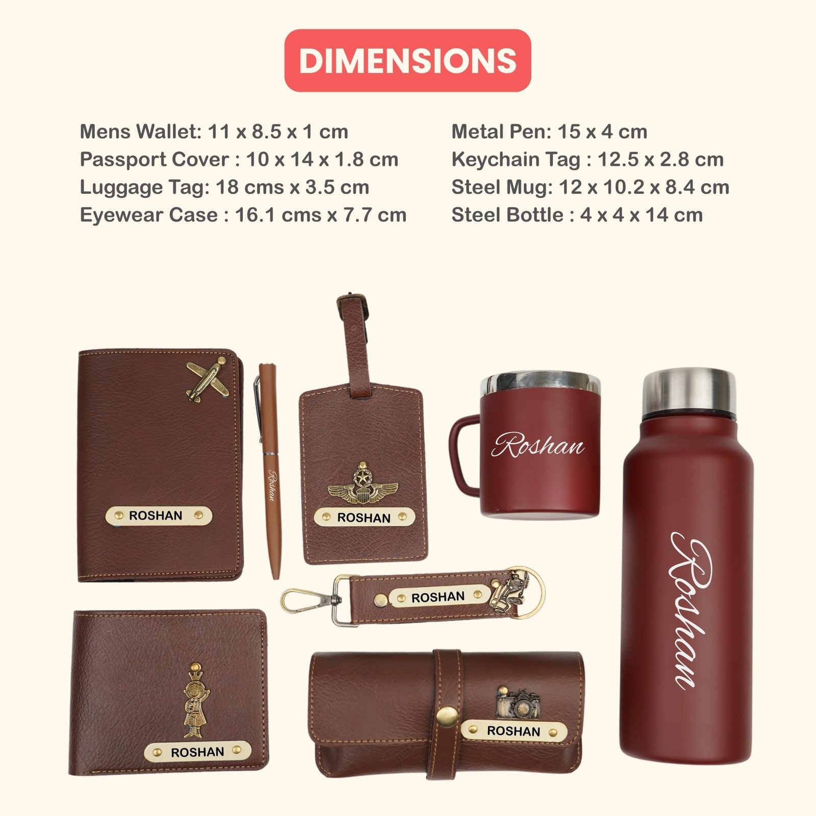 YOUR GIFT STUDIO Personalised All in One Gift Combo for Men’s | Customized Man Gift Hamper with Name & Charm, Leather Men Wallet, Passport Cover, Water Bottle, Keychain, Customized Pen - Brown