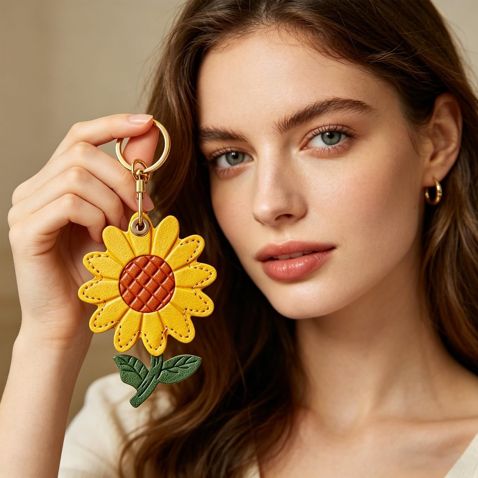 Sunflower Keychain for AirTag, Cute Flower Bag Charm, Leather Protective Tracker Holder with Secure Design for Keys Bags Pets