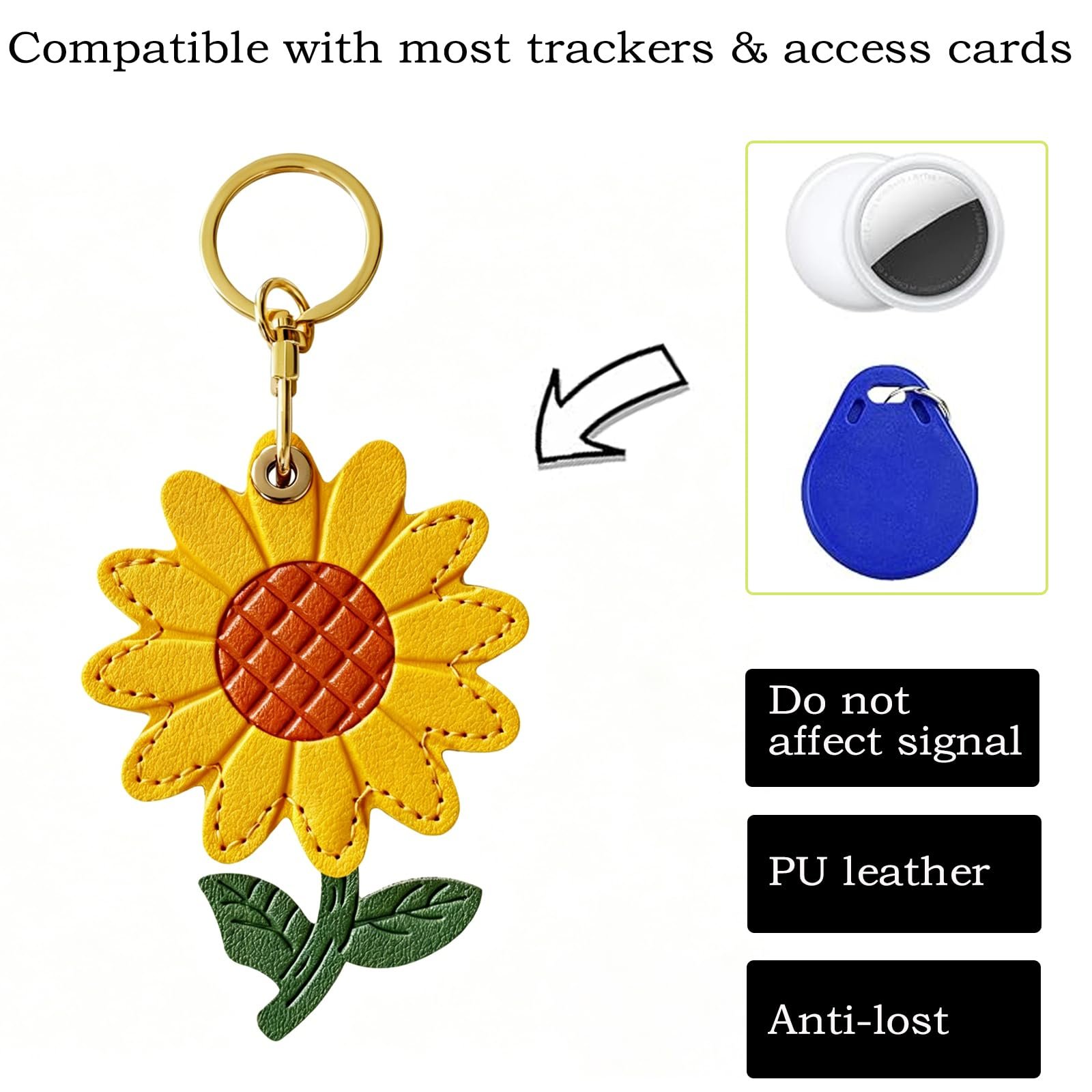 Sunflower Keychain for AirTag, Cute Flower Bag Charm, Leather Protective Tracker Holder with Secure Design for Keys Bags Pets