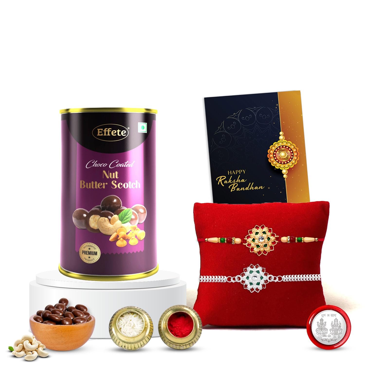 DeoDap Set of 2 Rakhi for Brother – Gold & Silver Colour Flower Design with Choco Coated Butterscotch Chocolate 96gm, Pooja Coin, Roli Chawal & Card | Rakhi with Chocolate Combo for Raksha Bandhan