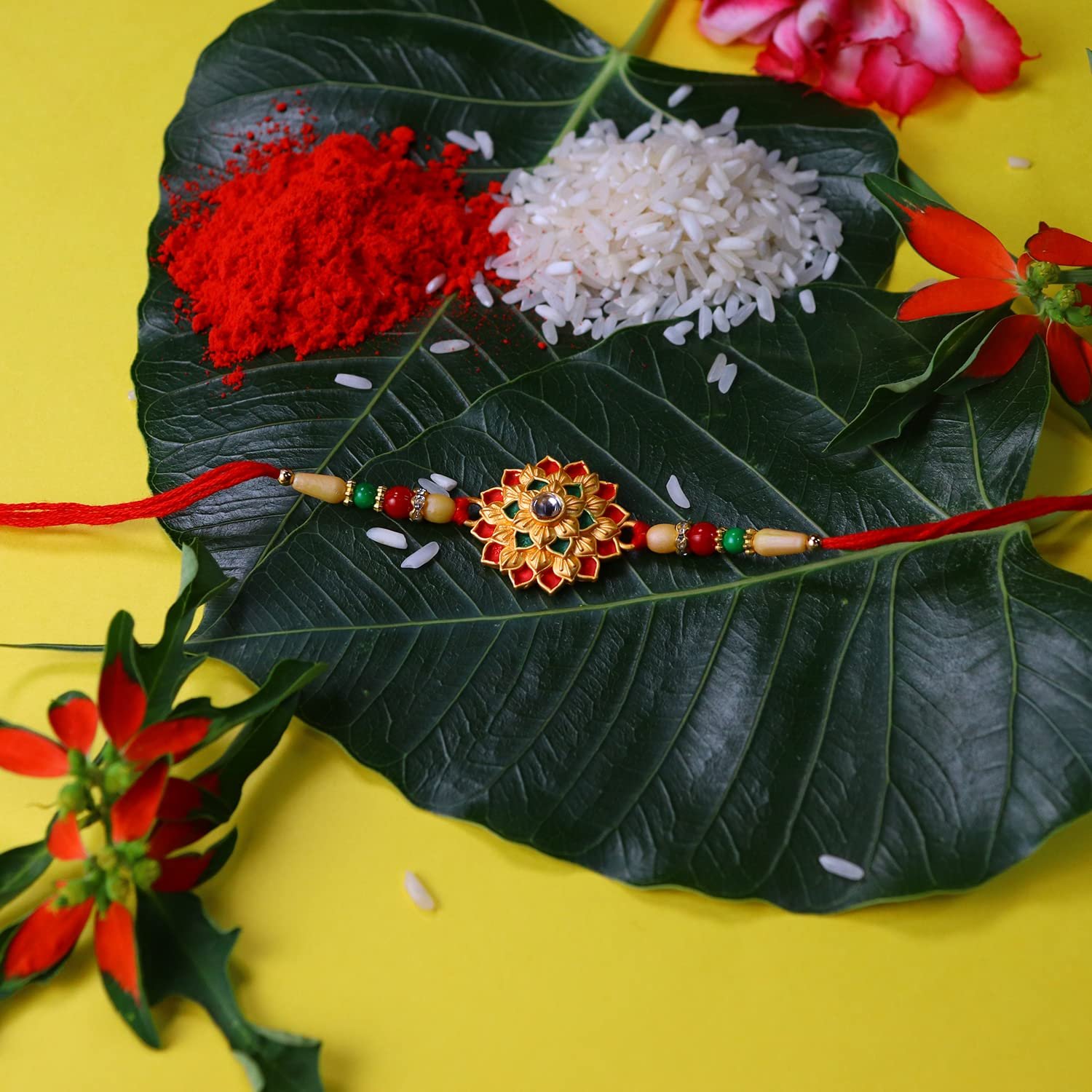 DeoDap Set of 2 Rakhi for Brother – Gold & Silver Colour Flower Design with Choco Coated Butterscotch Chocolate 96gm, Pooja Coin, Roli Chawal & Card | Rakhi with Chocolate Combo for Raksha Bandhan