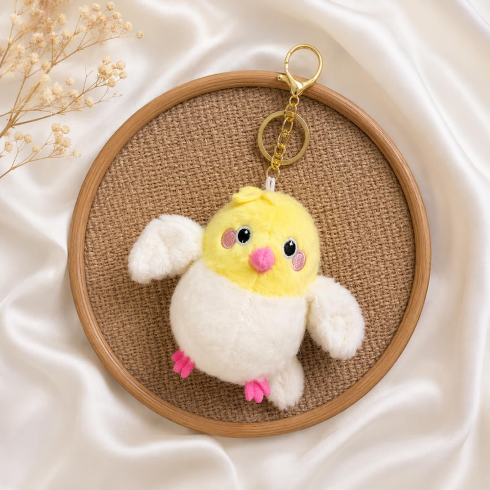 Yellow & White Chick Plush Keychain with Pink Beak, Soft Wings, Embroidered Eyes, Gold Key Ring & Lobster Clasp, Cute Stuffed Bag Charm for Handbags, Backpacks & Keys
