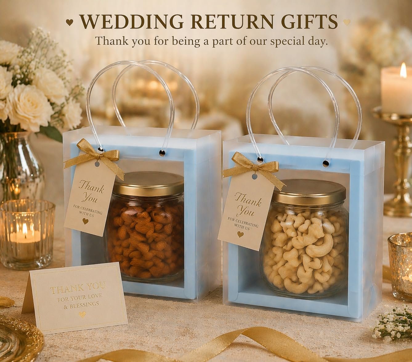 SATYAM KRAFT 4 Pcs Decorative Gift Box with Window & Handle Bag Set | Premium Hamper Boxes for Wedding Return Gifts, Engagement, Birthday, Festival Gifting | Dry Fruit, Packaging Boxes (Light blue)